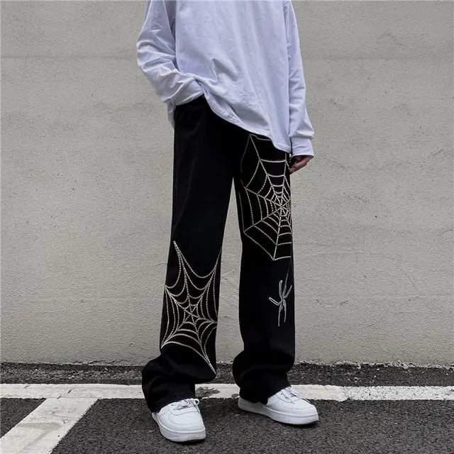 Black Streetwear Spider Web Pants