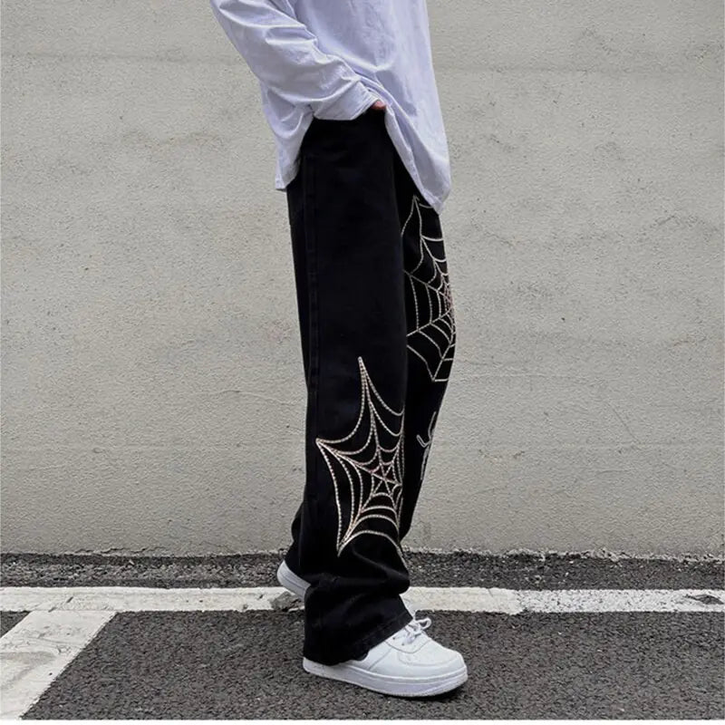 Black Streetwear Spider Web Pants