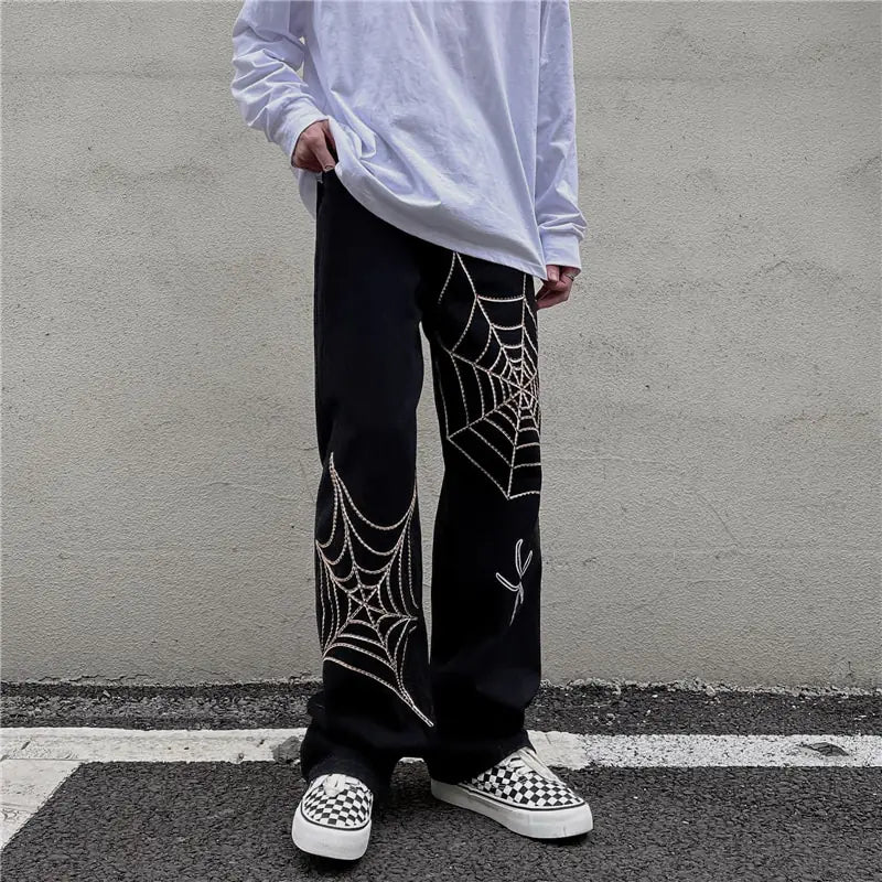 Black Streetwear Spider Web Pants