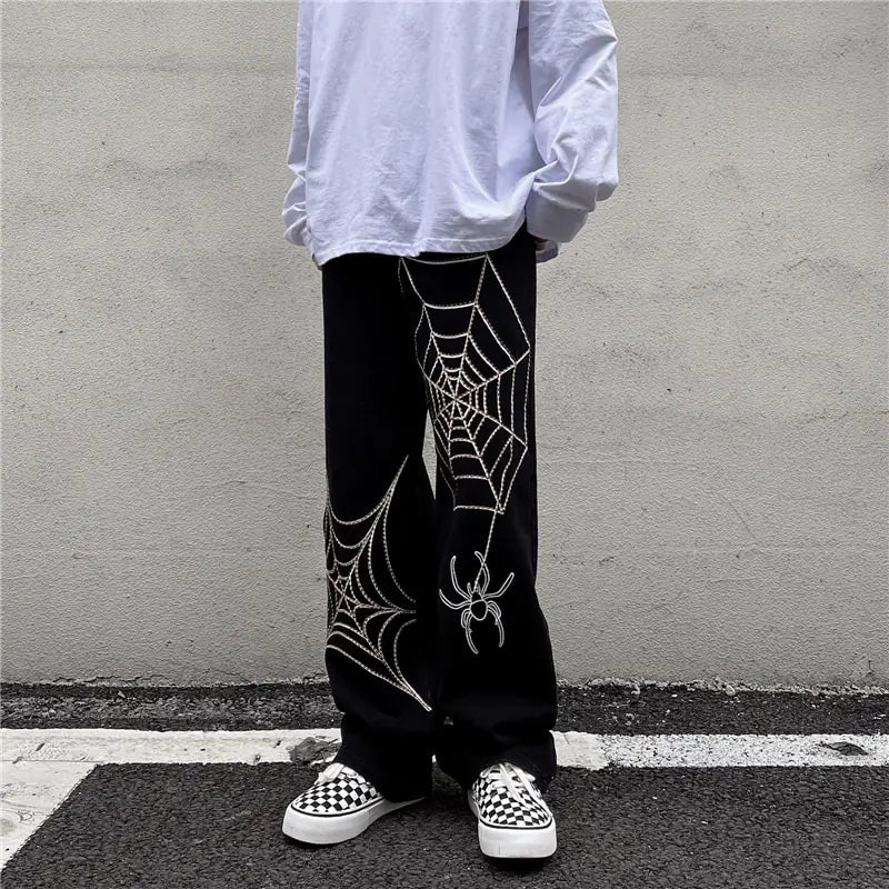 Black Streetwear Spider Web Pants