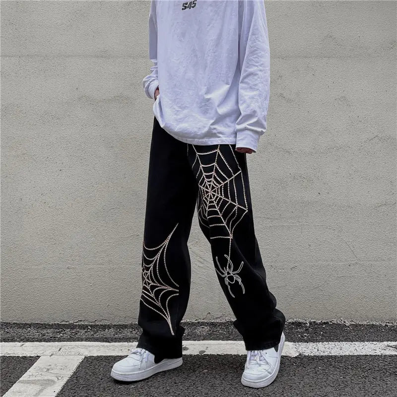 Black Streetwear Spider Web Pants